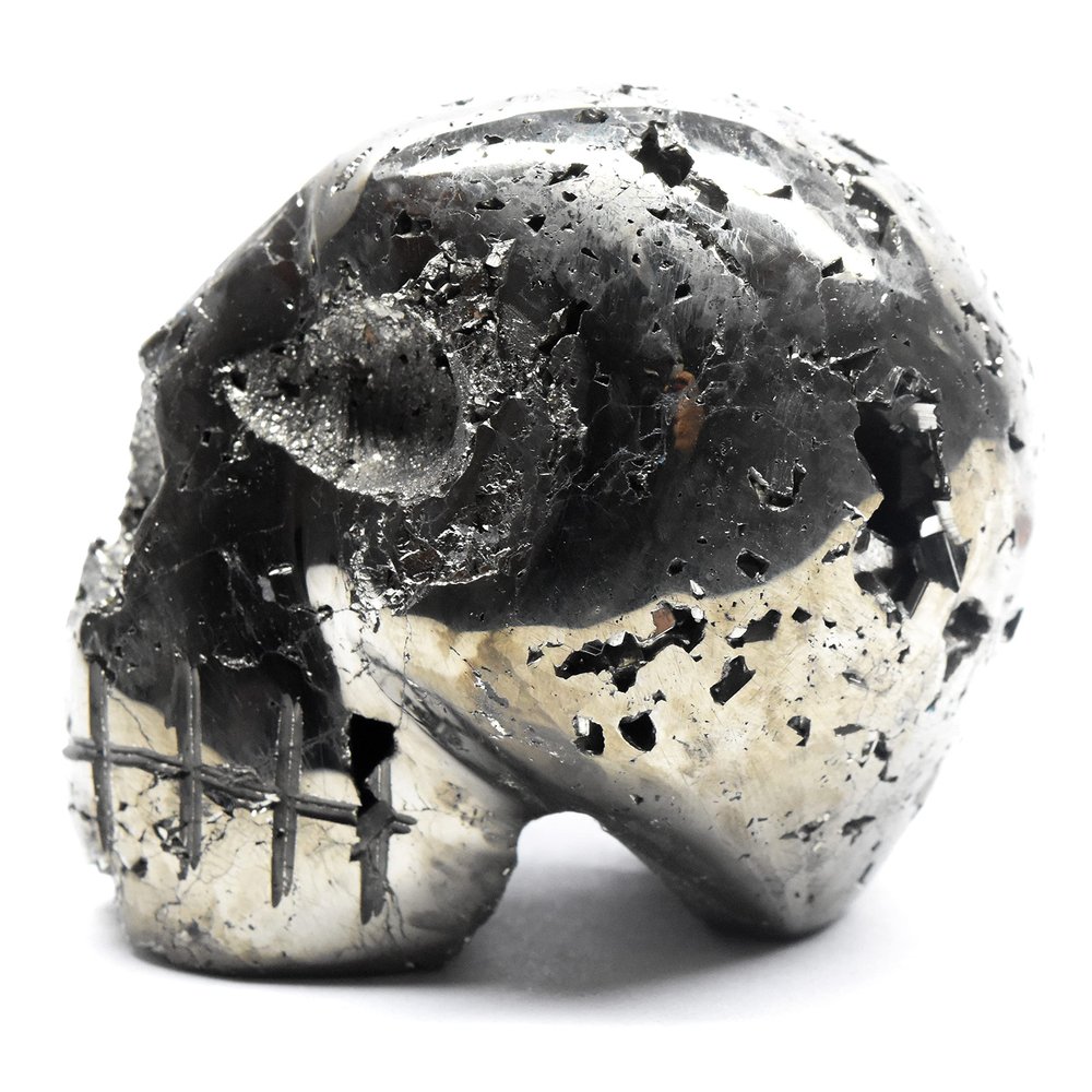 2.3" 315g Pyrite Cluster Carved into Skull Natural Druzy Mineral Collectible Gemstone Sparkling Crystal Polished Stone Geode Specimen - Peru