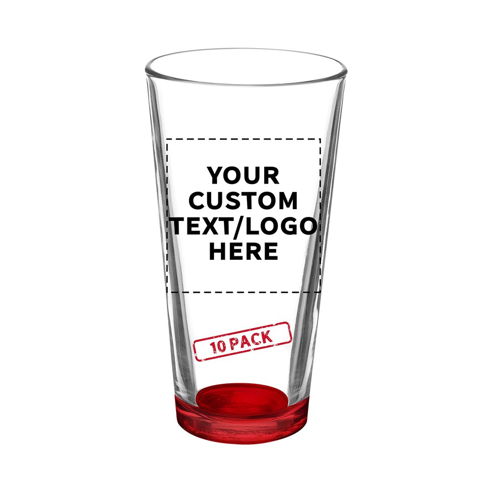 10 Libbey Mixing Glasses Set, 20 oz. - Personalized Text, Logo - Clear, Pub, Thick base - Red
