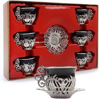 LAZWARD Turkish coffee set of 6 cups, porcelain cups, available 3 models Black, White and Multicolor Catering Serving Set and Kitchen Decorating will be a nice gift for others (Black Color)