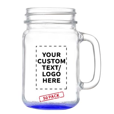 DISCOUNT PROMOS Custom Libbey Mason Jars w/Handles 16 oz. Set of 50, Personalized Bulk Pack - Traditional style, High standard - Blue