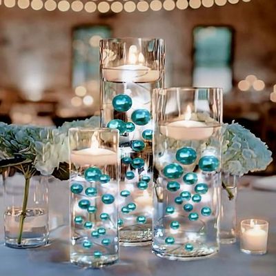 100 Floating Turquoise Blue Pearls with Matching Sparkling Gems-Large-Fills 2 Gallons of Floating Pearls for Your Vases-with 2 Measured Floating Gels Prep Bags for Best Results!