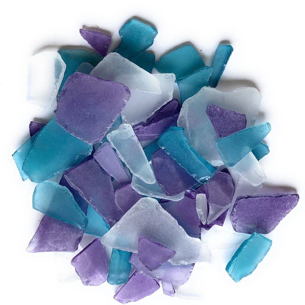 Purple, Caribbean Blue & White Sea Glass 22oz Beach Glass for Crafts, Vase Fillers & Decor Bulk Tumbled SeaGlass Pieces for DIY Projects Recycled Seaglass for Home, Weddings & Art