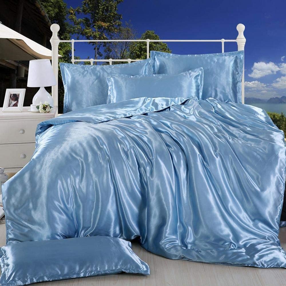Bedify Bedding 100% Pure Silk Satin Duvet Set with 2 Pillowcases Wrinkle Free Fade Resistant One Silk Satin Duvet Cover | Two Pillowcases | Cool Soft Silk Duvet Set (Medium Blue, Twin/TwinXL)