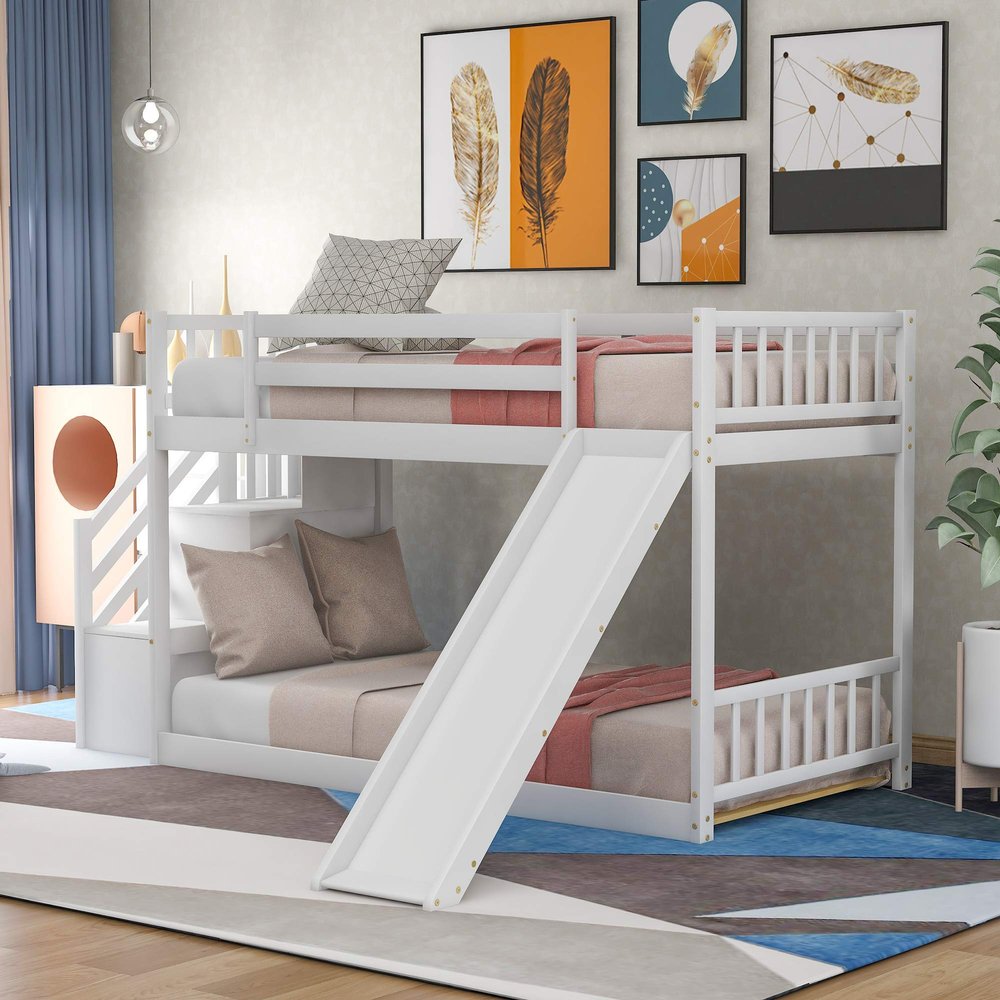 Twin Over Twin Bunk Bed Wood Bunk Bed with Convertible Slide and Stairway Low Bunk Bed for Kids, Spring Box Not Needed (White)
