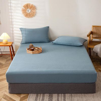 CFYCYHDZHT Bed Sheet Set Soft Comfortable Pure Cotton Solid Color Fitted Sheets, Bedroom, Hotel Homestay Mattress Cover Deep Pocket Navy Blue 1 150200cm+23cm