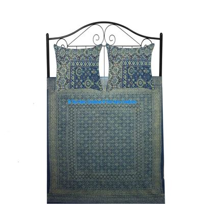 100% Cotton Throw Kantha Bed Block Ajrak Sofa Print Cover Hand Bohemian Bedspread Vintage Hand Cover Stitch Blanket Quilt (Blue-Yellow, King 90"x108" with Sham Covers)