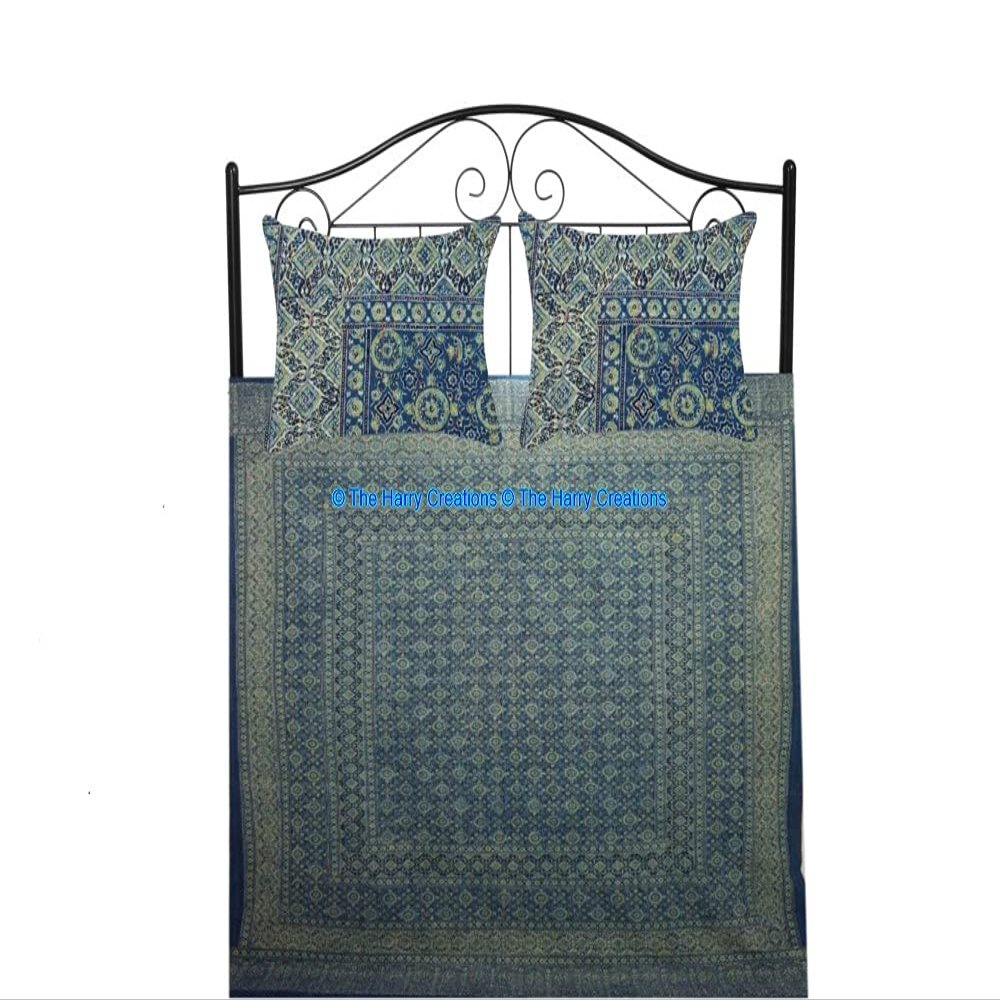 100% Cotton Throw Kantha Bed Block Ajrak Sofa Print Cover Hand Bohemian Bedspread Vintage Hand Cover Stitch Blanket Quilt (Blue-Yellow, King 90"x108" with Sham Covers)