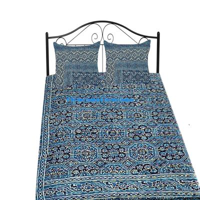 100% Cotton Throw Kantha Bed Block Ajrak Sofa Print Cover Hand Bohemian Bedspread Vintage Hand Cover Stitch Blanket Quilt (Blue-White, King 90"x108" with Sham Covers)
