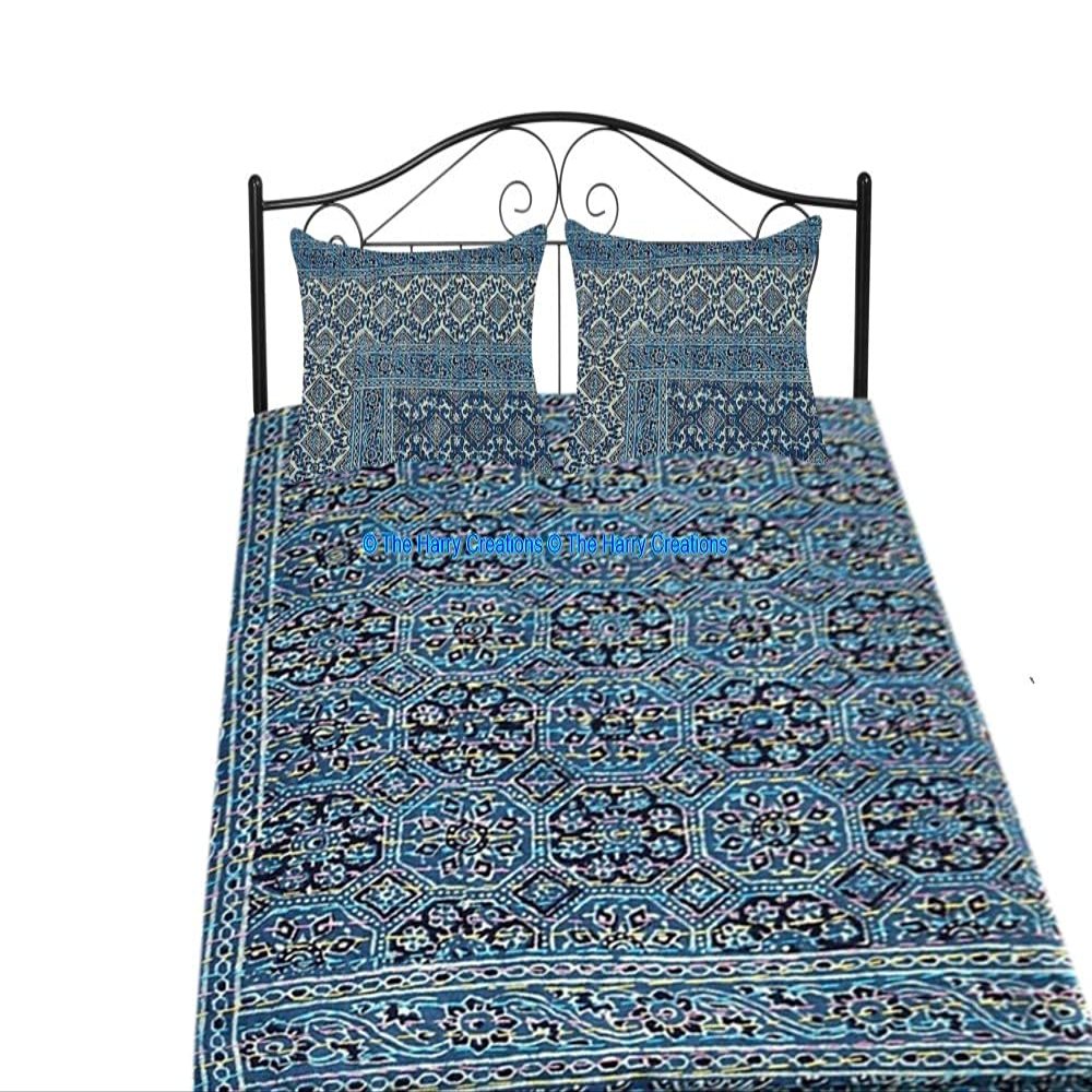 100% Cotton Throw Kantha Bed Block Ajrak Sofa Print Cover Hand Bohemian Bedspread Vintage Hand Cover Stitch Blanket Quilt (Blue-White, King 90"x108" with Sham Covers)