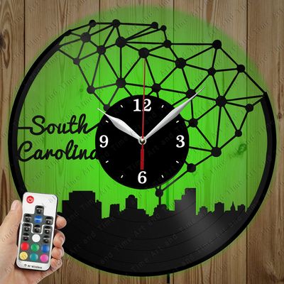 LED Vinyl Clock - Light Vinyl Wall Clock - Columbia South Carolina Skyline - Custom Original Gift - Art LED Clock Design - Personalised LED Vinyl Record Wall Clock - Unique LED Light Home Decor