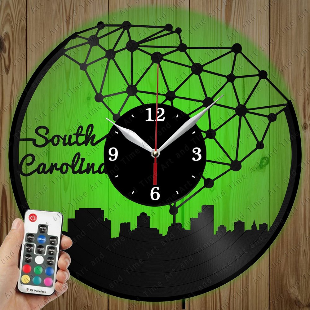 LED Vinyl Clock - Light Vinyl Wall Clock - Columbia South Carolina Skyline - Custom Original Gift - Art LED Clock Design - Personalised LED Vinyl Record Wall Clock - Unique LED Light Home Decor