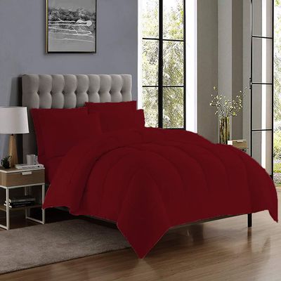 7 PC Combo Bed Set Includes-1 Box Stitched Comforter,1 Fitted 21" DP,1 Flat, 4 Pillowcases 100% Pure Cotton 600 TC All Season Down Alternative Comforter Set Queen/Full-Wine