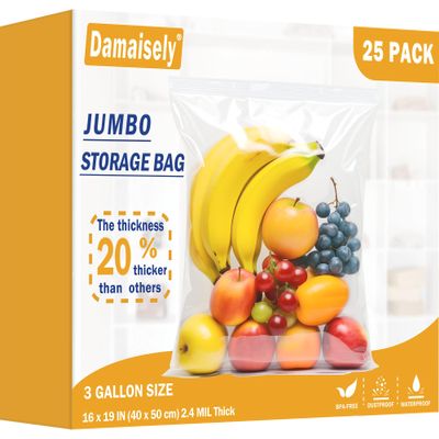 Heavy Duty Storage Bags with Zipper Top, Extra Large 3 Gallon 16" x 18" Plastic Bag, Jumbo Freezer Bags for Food, Clothes, Travel, Moving, 2.4-mil Thick, Pack of 25