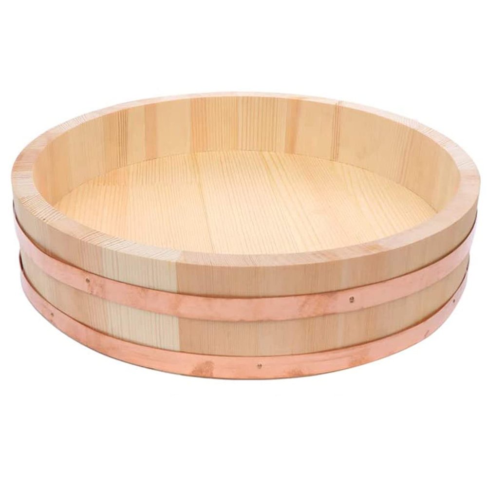 12 Sizes Wooden Hangiri Sushi Oke Rice Mixing Bowl Tub Japanese Rice Bowl Container Sushi Making Pan for Restaurant Home Kitchen Copper Bands(White Pine Wood),48x12cm