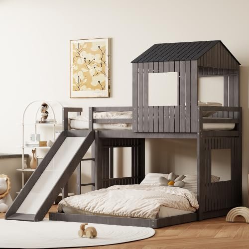 Bellemave Twin Over Full House Bunk Bed with Slide, Ladder & Guardrails, Wooden Bunk Beds Frame with Roof & Windows, Kids Playhouse Bed, Antique Grey