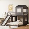 Bellemave Twin Over Full House Bunk Bed with Slide, Ladder & Guardrails, Wooden Bunk Beds Frame with Roof & Windows, Kids Playhouse Bed, Antique Grey view 1