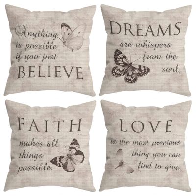Farmhouse Rustic Butterfly Believe Dreams Faith Love Throw Pillow Covers, Inspirational Butterfly Gifts for Women, Motivational Quotes Pillow Cases 18 x 18 Inch Home Room Bed Sofa Decor Set of 4 1
