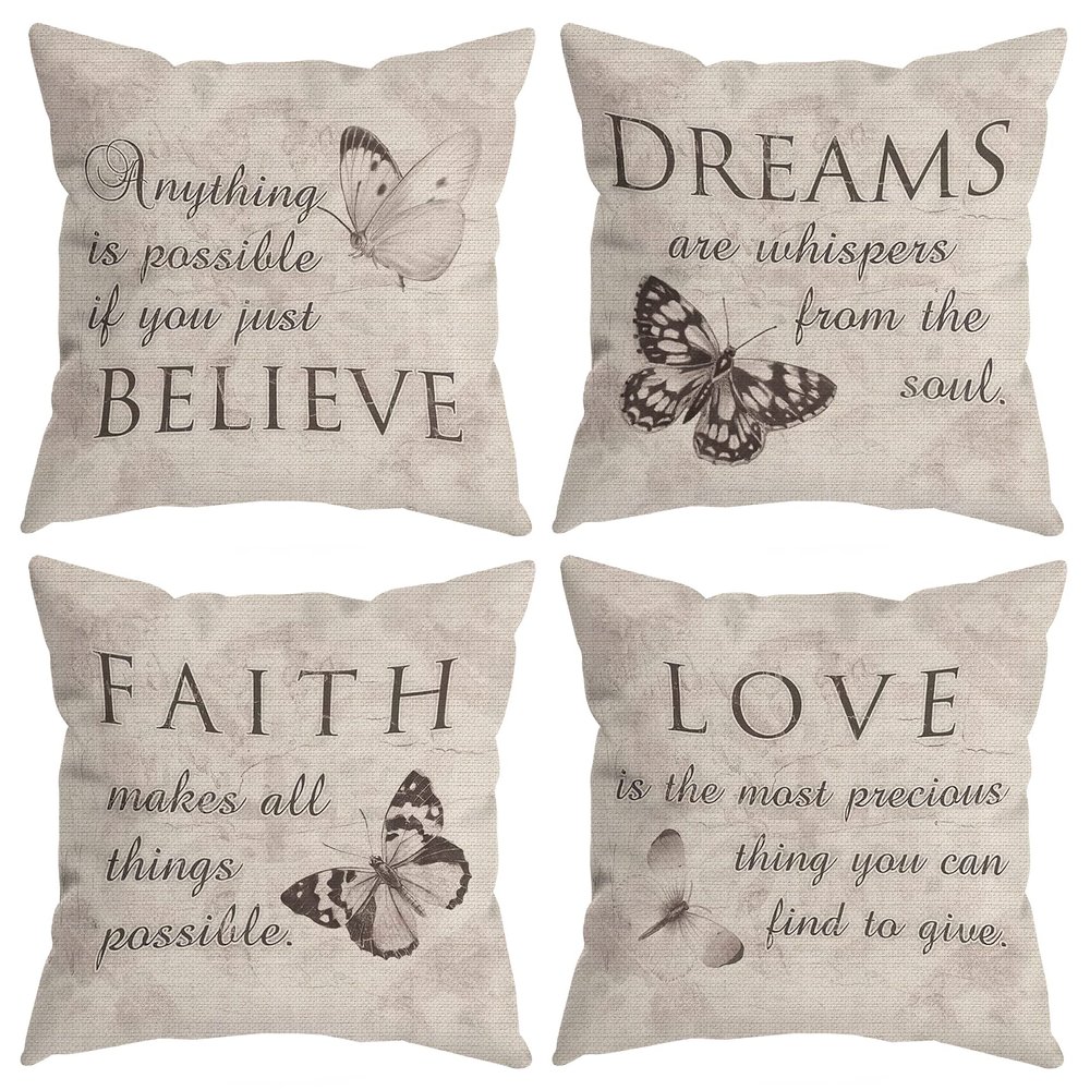 Farmhouse Rustic Butterfly Believe Dreams Faith Love Throw Pillow Covers, Inspirational Butterfly Gifts for Women, Motivational Quotes Pillow Cases 18 x 18 Inch Home Room Bed Sofa Decor Set of 4 1