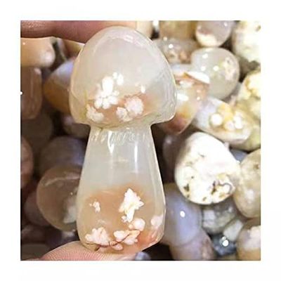 1pc Hand Carved Natural Snowflake Agate Cherry Blossom Agate Mushroom Shaped for Gift