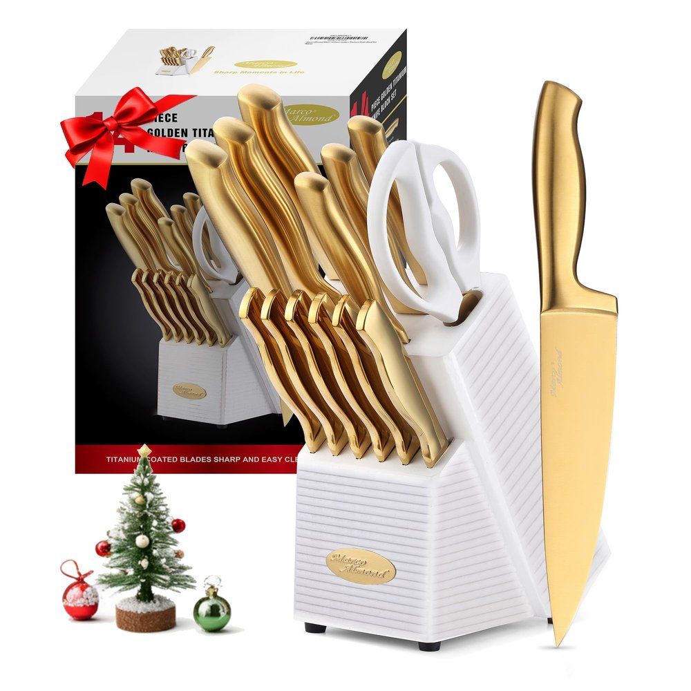 Marco Almond Gold Knife Set, Knife Block Set MA21,Titanium Coated 14 Pieces Stainless Steel Chef Gold Kitchen Knife Sets with White Block