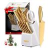Marco Almond Gold Knife Set, Knife Block Set MA21,Titanium Coated 14 Pieces Stainless Steel Chef Gold Kitchen Knife Sets with White Block view 1