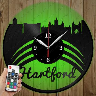 LED Vinyl Clock - Light Vinyl Wall Clock - Hartford Skyline - Original Gift Custom - Art LED Clock Design - Personalised LED Vinyl Record Wall Clock - Unique LED Light Home Decor