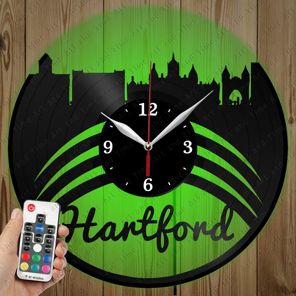 LED Vinyl Clock - Light Vinyl Wall Clock - Hartford Skyline - Original Gift Custom - Art LED Clock Design - Personalised LED Vinyl Record Wall Clock - Unique LED Light Home Decor