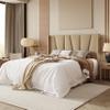 Allewie Full Size Platform Bed Frame with Geometric Wingback Headboard, Boho Upholstered Bed with Wooden Slats Support, No Box Spring Needed, Easy Assembly, Beige view 3