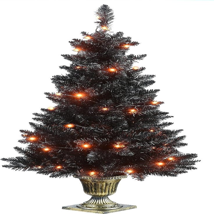 4 ft. Black Entrance Tree with String of Orange Lights
