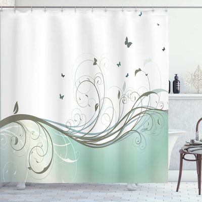 Ambesonne Abstract Shower Curtain, Illustration Floral Victorian Style Curvy Lines Wave Butterfly Design, Cloth Fabric Bathroom Decor Set with Hooks, 84" Long Extra, Pale Teal