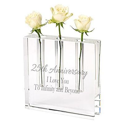 Badash Personalized Triple Play Handcrafted Triple Flower 7x7 Square Crystal Bud Vase, Custom Engraved Glass Stem Vase for Three Flowers