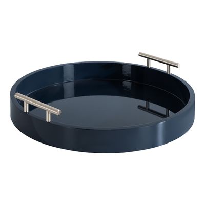 Kate And Laurel Lipton Modern Round Tray; 15.5 Diameter; Navy and Silver; Decorative Accent Tray for Storage and Display