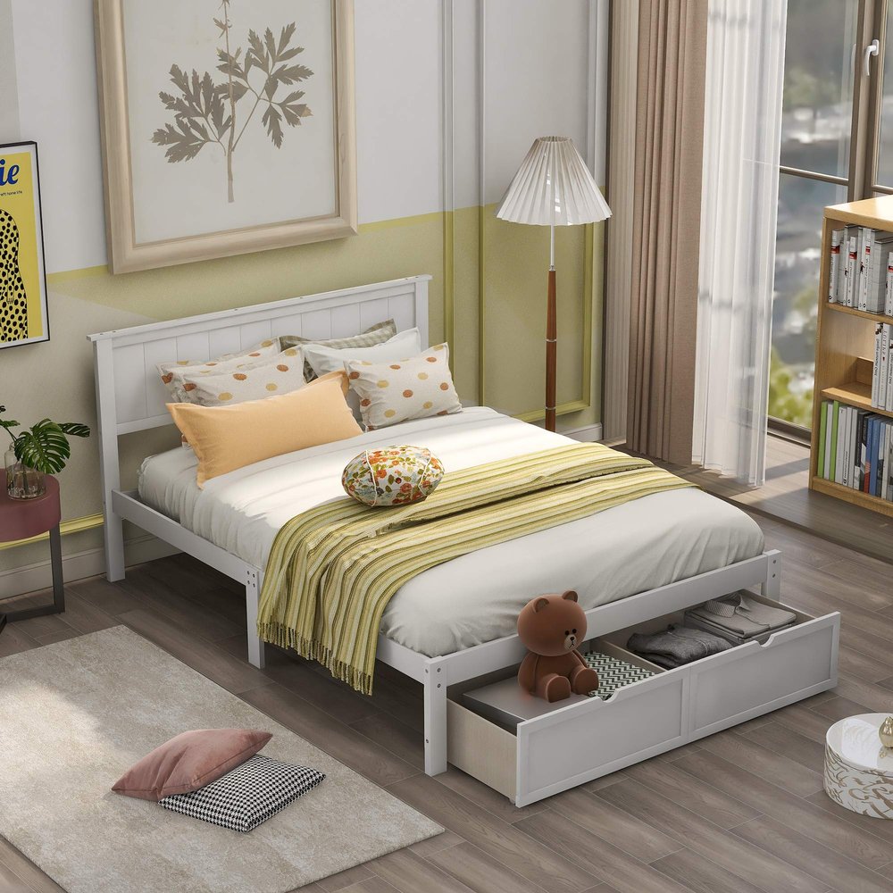 Harper & Bright Designs Full Size Platform Bed, with Storage Drawers, Wooden Full Size Platform Bed with Headboard for Kids Boys Girls Teens Adults, No Box Spring Needed, Easy Assembly, White