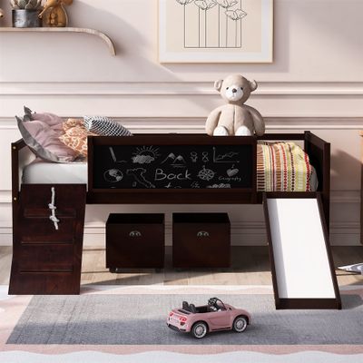 Harper & Bright Designs Low Loft Bed with Slide and Two Storage Boxes, Chalkboard, Wood Twin Size Loft Bed with Climbing Frame and Rope (Espresso, Loft Bed)