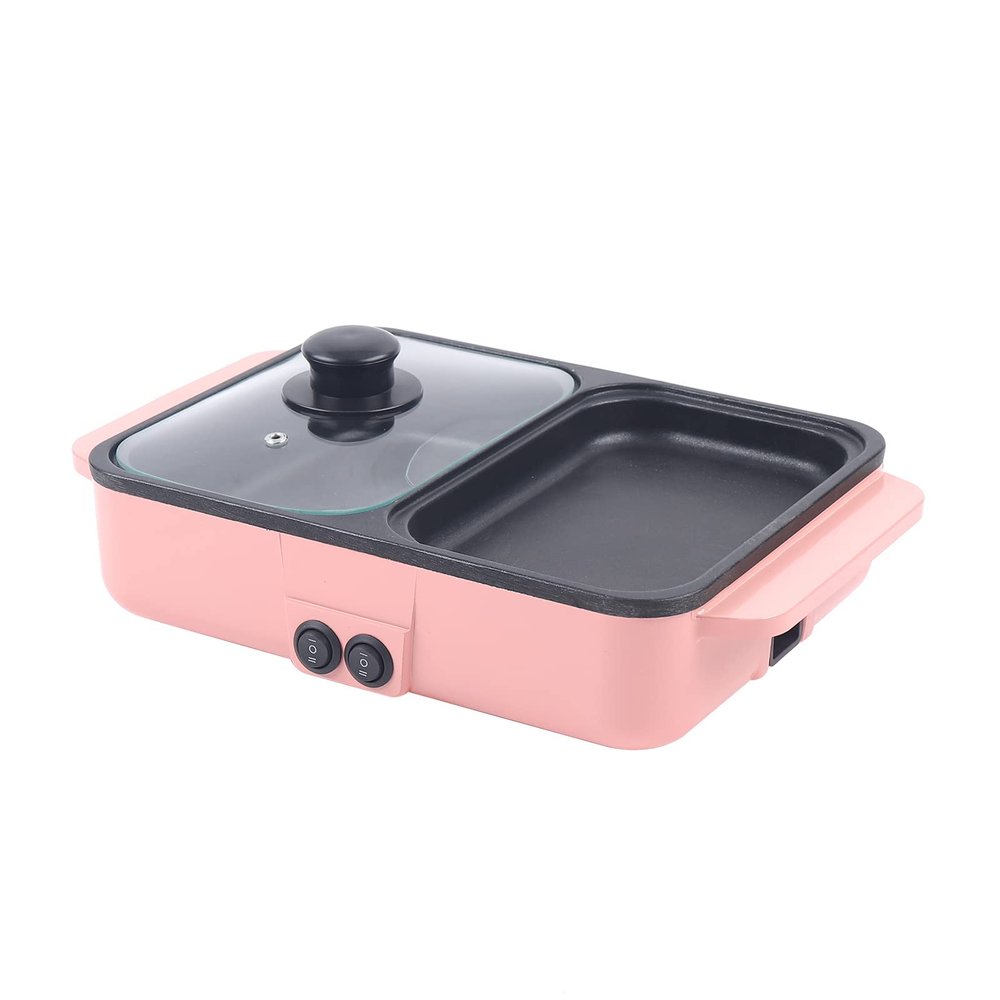 CNCEST 2 in 1 Portable Electric Hot Pot Barbecue Grill Non-Stick Teppanyaki Pan 110V Indoor Hotpot Grill Korean BBQ Combo (Pink)