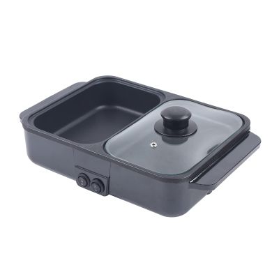 CNCEST 2 in 1 Portable Electric Hot Pot Barbecue Grill Non-Stick Teppanyaki Pan 110V Indoor Hotpot Grill Korean BBQ Combo (Black)