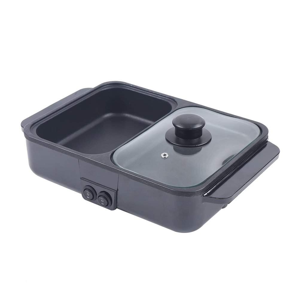 CNCEST 2 in 1 Portable Electric Hot Pot Barbecue Grill Non-Stick Teppanyaki Pan 110V Indoor Hotpot Grill Korean BBQ Combo (Black)