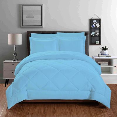 100% Organic Cotton 5 Piece Down Alternative Comforter Set 500 GSM Oversized Queen | Sky Blue Decorative Diamond Pattern Best Comforter Collection-1 Box Stitched Comforter with 4 Pillow Shams