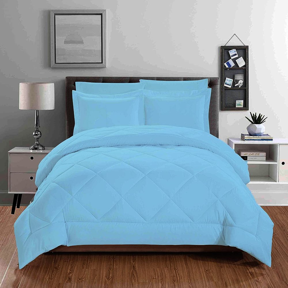 100% Organic Cotton 5 Piece Down Alternative Comforter Set 500 GSM Twin/Twin XL | Sky Blue Decorative Diamond Pattern Best Comforter Collection-1 Box Stitched Comforter with 4 Pillow Shams