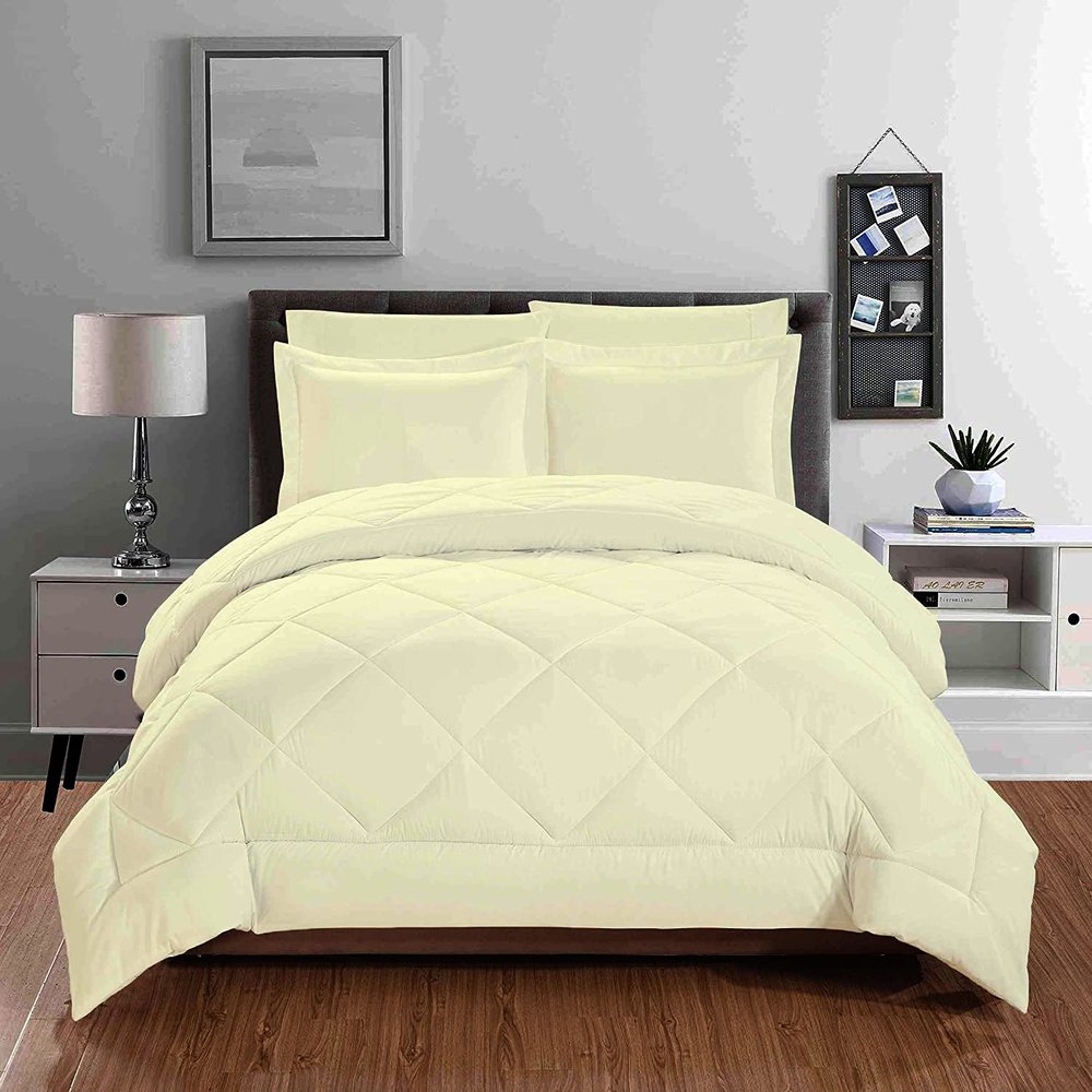 100% Organic Cotton 5 Piece Down Alternative Comforter Set 500 GSM Full/Queen | Ivory Decorative Diamond Pattern Best Comforter Collection-1 Box Stitched Comforter with 4 Pillow Shams
