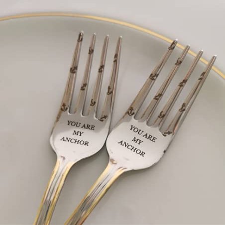 Beach Theme Wedding Gift - Gold Forks with Laser Engraved Anchors - Nautical Keepsake for Home and Kitchen - Personalized Sea Party Birthday Table Decorations - Stainless Steel Flatware for Couple