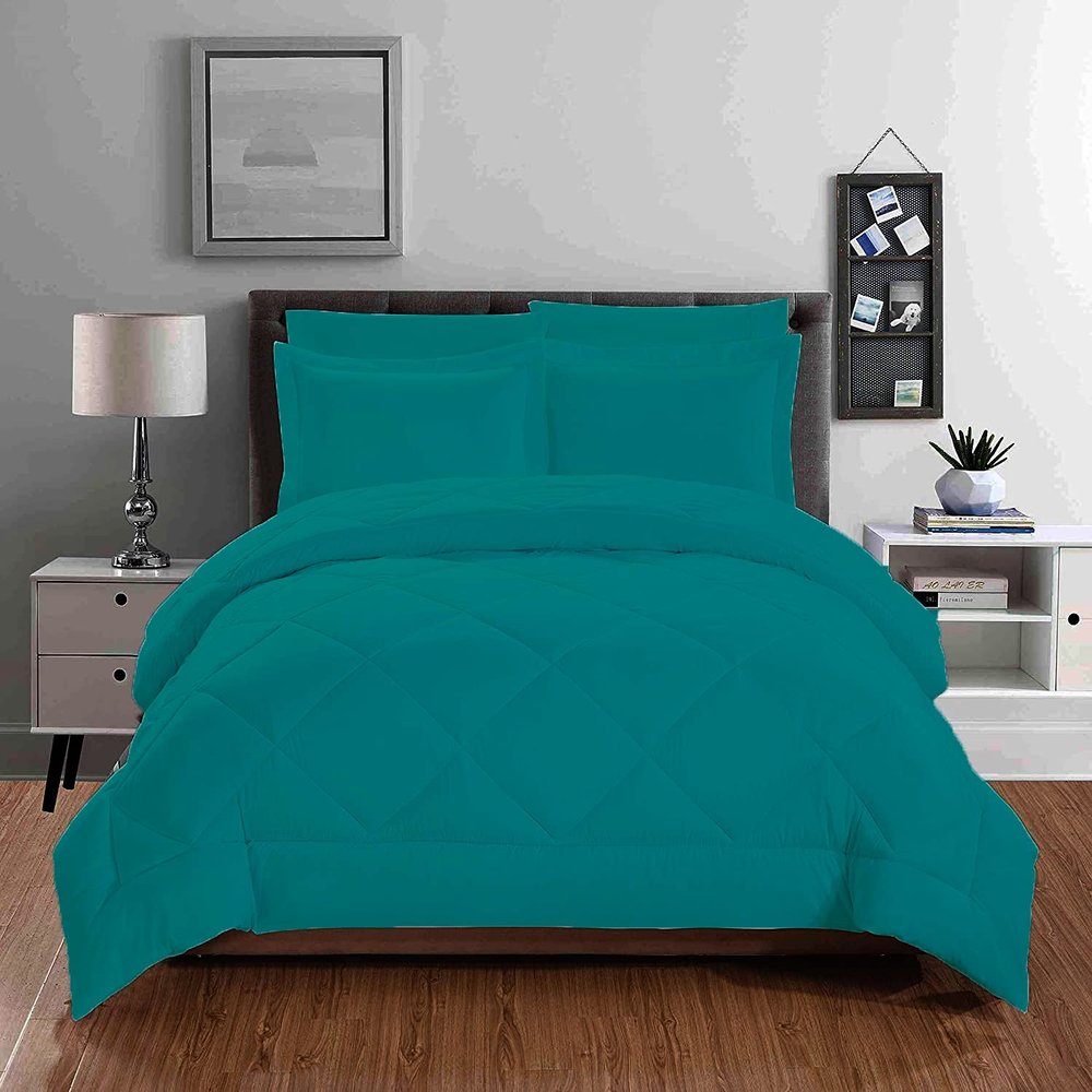 100% Organic Cotton 5 Piece Down Alternative Comforter Set 500 GSM Twin/Twin XL | Teal Decorative Diamond Pattern Best Comforter Collection-1 Box Stitched Comforter with 4 Pillow Shams