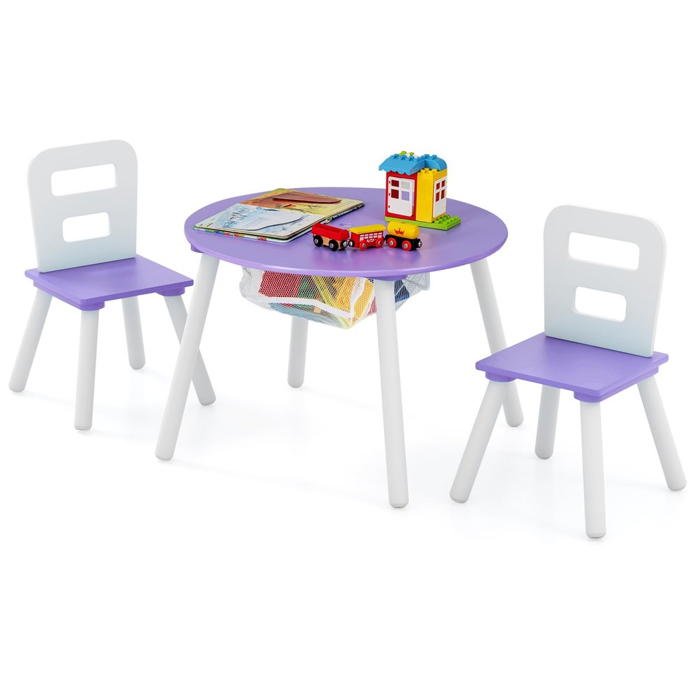 Costzon Kids Table and Chair Set, Wood Activity Table w/Center Mesh Storage, Children Furniture Gift for Boys & Girls, Ideal for Arts, Crafts, Snack Time, Homework, Toddler Table and Chair Set, Purple