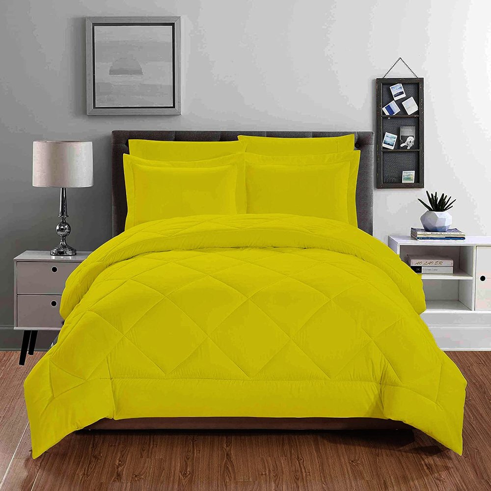 100percent Organic Cotton 5 Piece Down Alternative Comforter Set 500 GSM Oversized Queen Yellow Decorative Diamond Pattern Best Comforter Collection1 Box Stitched