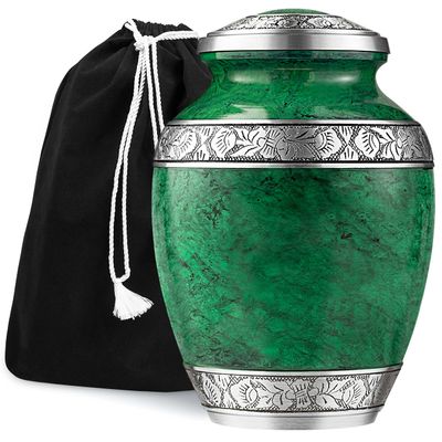GSM Brands Cremation Urn Holds Adult Human Ashes - Large Handcrafted Funeral Memorial with Striking Green Design (Aluminum - 9.6 Inch Height x 6.8 Inch Width)
