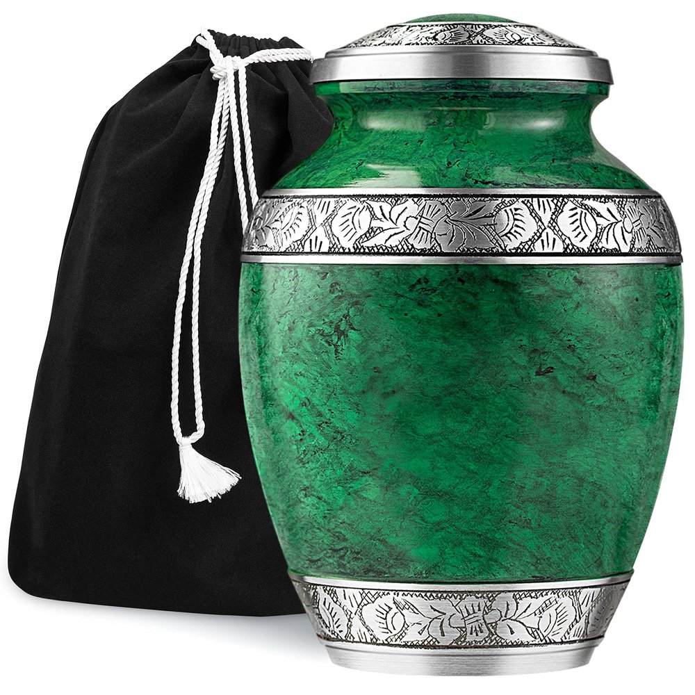 GSM Brands Cremation Urn Holds Adult Human Ashes - Large Handcrafted Funeral Memorial with Striking Green Design (Aluminum - 9.6 Inch Height x 6.8 Inch Width)