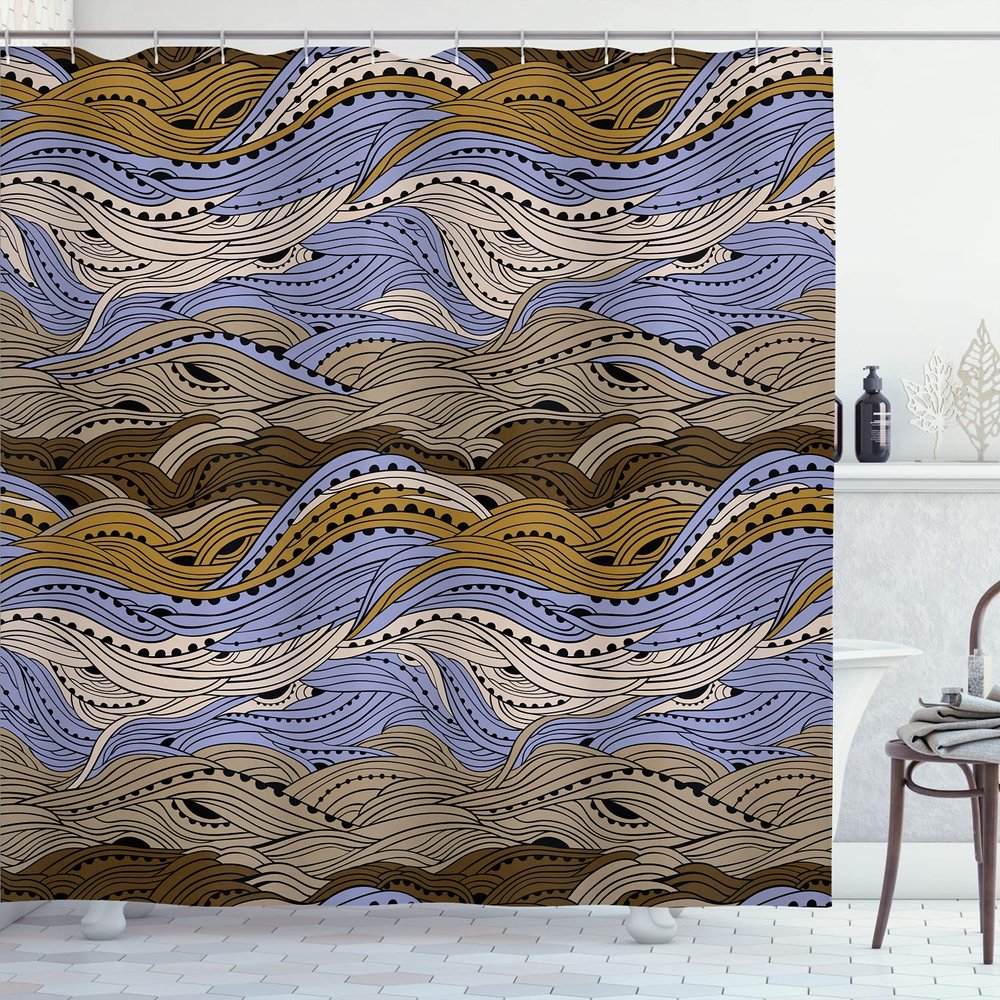 Ambesonne Aquatic Shower Curtain, Conceptual Ocean Themed Art Hand Drawn Waves Seascape Maritime Nautical Art, Cloth Fabric Bathroom Decor Set with Hooks, 69" W x 84" L, Pale Coffee