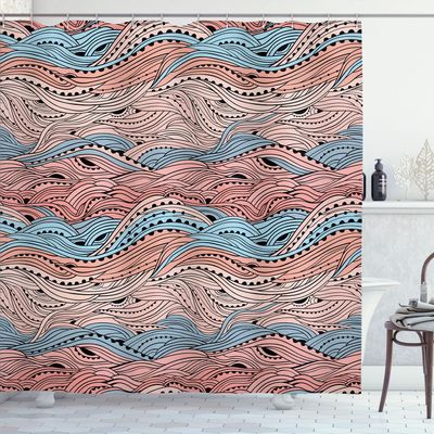 Ambesonne Aquatic Shower Curtain, Conceptual Ocean Themed Art Hand Drawn Waves Seascape Maritime Nautical Art, Cloth Fabric Bathroom Decor Set with Hooks, 69" W x 84" L, Pale Salmon