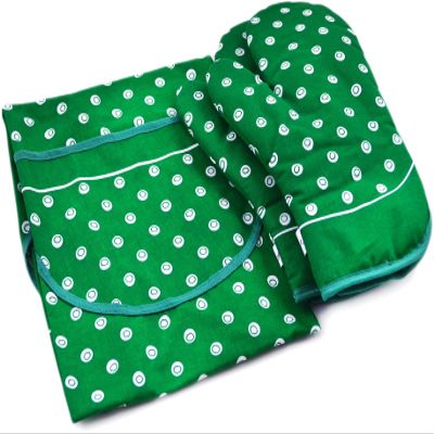 Polish Pottery 29-inch Apron with 2 Mitts Set (Green Theme) + Certificate of Authenticity