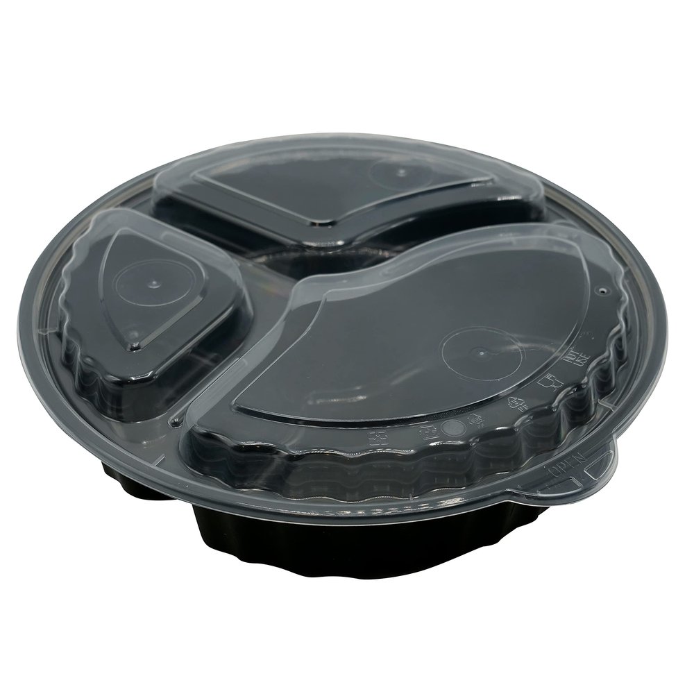 EcoQuality 33oz 3 Compartment Round Meal Prep Containers with Lids Black, Reusable Bento Box, Food Storage Containers | BPA Free | Stackable | Lunch Boxes, Microwave/Dishwasher/Freezer Safe (50)